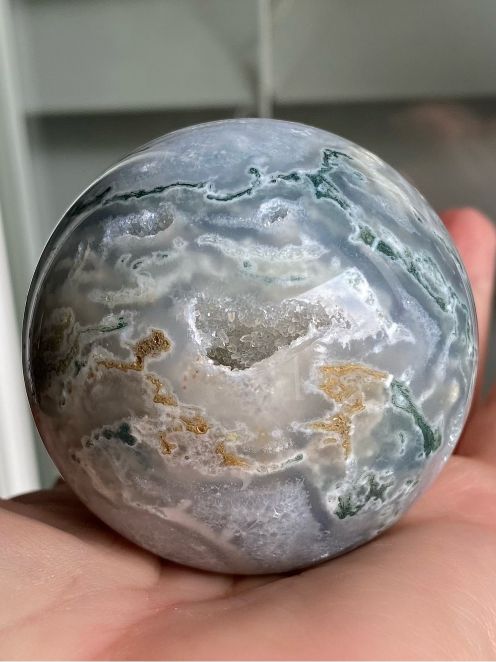 Moss Agate Sphere – Druzy, Quartz Inclusions & Blue-Green Beauty